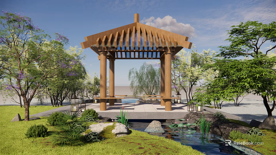 Traditional Wooden Garden Pavilion Surrounded by Trees Greenery and Small Pond with Water Lilies 3d model 