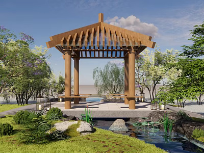 Traditional Wooden Garden Pavilion Surrounded by Trees Greenery and Small Pond with Water Lilies 3d model