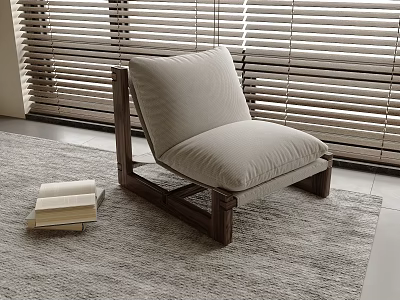 Comfortable Lounge Chair Wooden Frame Light Gray Cushion On Soft Rug With Books Near Blinds 3d model