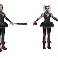 Game Movie Character With Pigtails Red Black Outfit Holding Baseball Bat