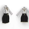 Stylish Dress With White Long Sleeves Top Black Suspender Skirt Gold Buttons Decorative Hem