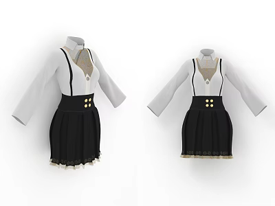 Stylish Dress With White Long Sleeves Top Black Suspender Skirt Gold Buttons Decorative Hem 3d model