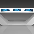 Modern White Reception Desk With Three Blue Screens And Tech Inspired Design 3d model