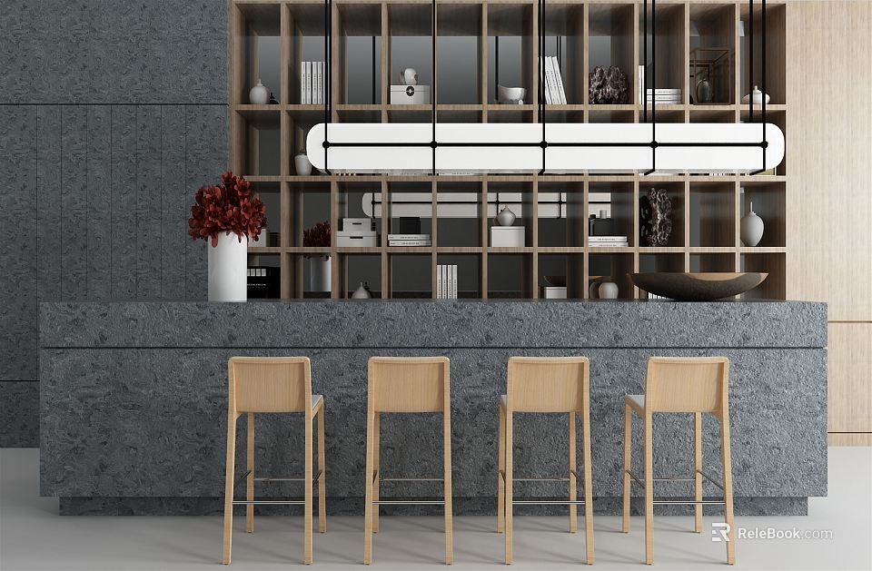 Modern Bar Counter With Four Wooden Stools Shelves Decorative Items And Red Flowers 3d model 