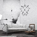 White Three Seater Sofa With Modern Art Wall Geometric Pendant Light Floor Lamp And Decor