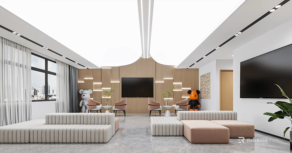 Modern Leisure Area Interior With Comfortable Sofas TV Decorative Bears Plants And Soft Lighting 3d model