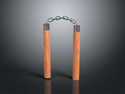 Sturdy Wooden Nunchucks Featuring Brown Handles Connected By Metal Chain For Everyday Use 3d model