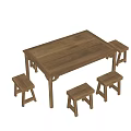 Simple Traditional Solid Wood Rectangular Table With Four Matching Stools 3d model