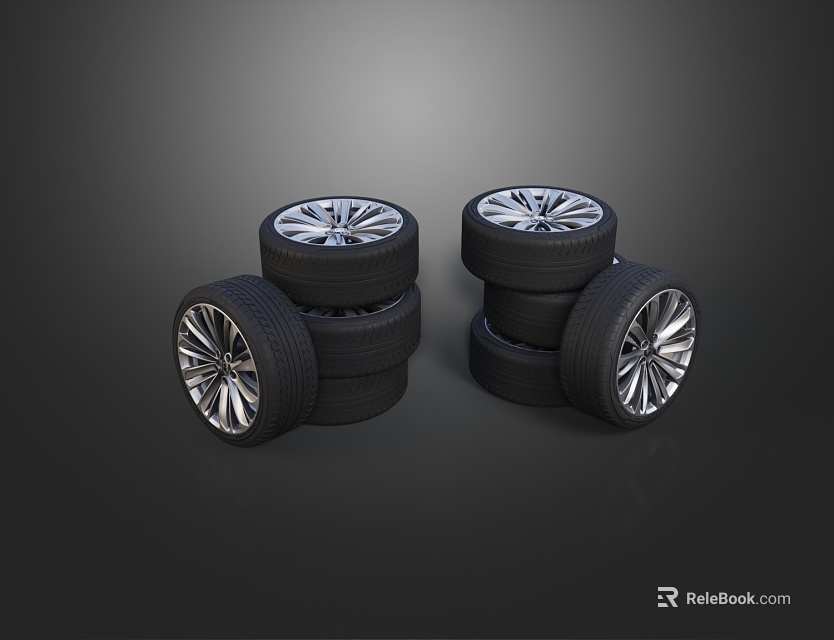 Stacked Black Automotive Tires With Silver Alloy Rims On Dark Background 3d model 