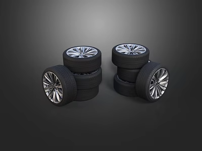 Stacked Black Automotive Tires With Silver Alloy Rims On Dark Background 3d model