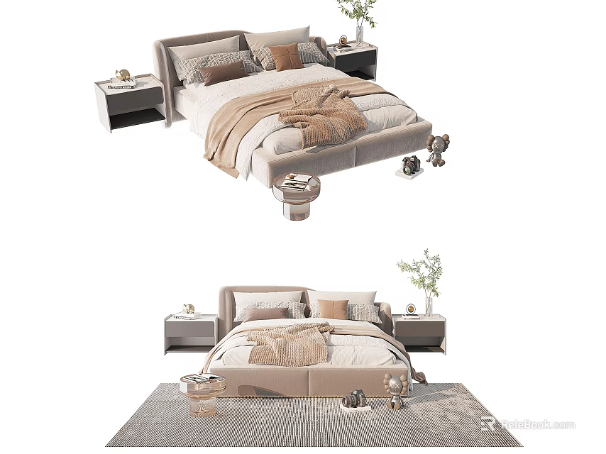 Modern Double Bed Setup With Soft Pillows Blanket Bedside Tables And Decorative Rug 3d model