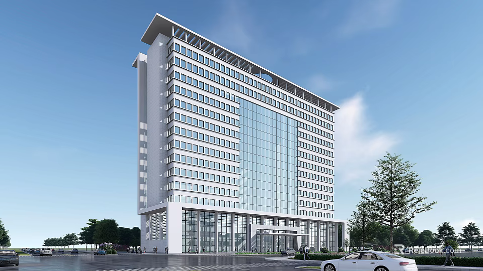 Modern High Rise Office Building Exterior With Glass Curtain Wall Trees And Parking Cars 3d model 