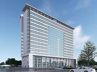 Modern High Rise Office Building Exterior With Glass Curtain Wall Trees And Parking Cars 3d model