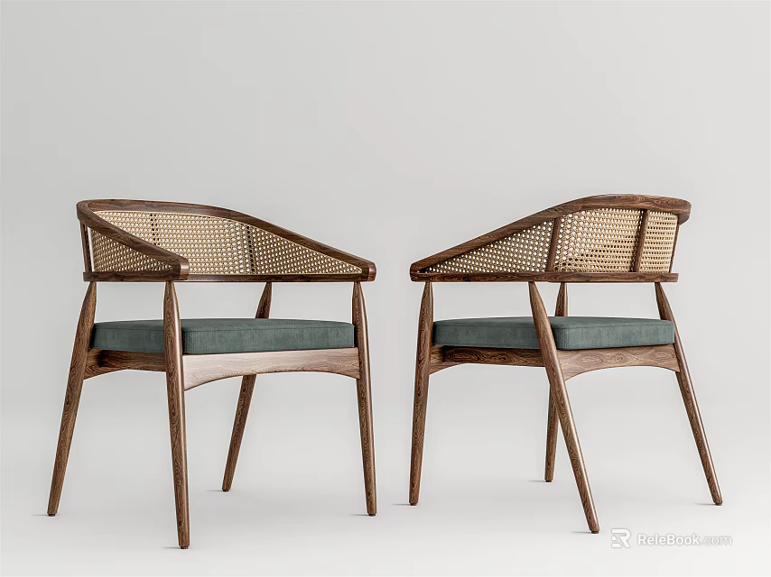 Modern Wooden Dining Chairs With Rattan Armrests And Green Upholstered Seat 3d model 