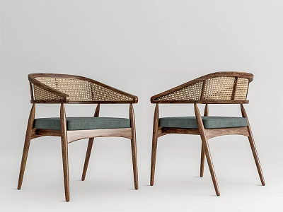 Modern Wooden Dining Chairs With Rattan Armrests And Green Upholstered Seat 3d model