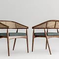 Modern Wooden Dining Chairs With Rattan Armrests And Green Upholstered Seat