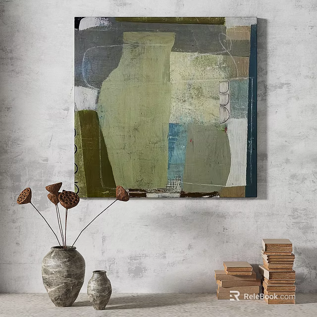Modern Abstract Painting With Green Blue Gray Tones And Textured Layers 3d model 