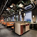Elegant Modern Restaurant Interior With Wooden Counter Hanging Lamps Green Plants And Seating Areas