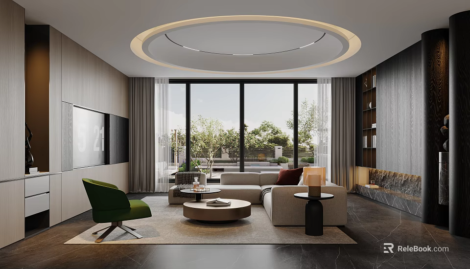 Modern Stylish Living Room With Cozy Sofa And Circular Ceiling Light Panoramic Outdoor Window View 3d model 