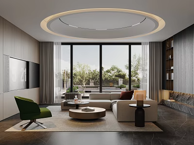 Modern Stylish Living Room With Cozy Sofa And Circular Ceiling Light Panoramic Outdoor Window View 3d model