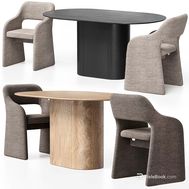 Stylish Modern Round Wooden Dining Table With Gray Fabric Armchairs Set 3d model 