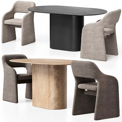 Stylish Modern Round Wooden Dining Table With Gray Fabric Armchairs Set 3d model