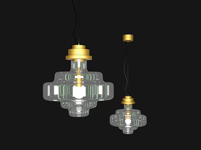 Two Modern Transparent Glass Chandeliers with Golden Accents and Sleek Design 3d model