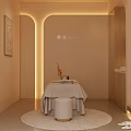 Serene SPA Sauna Room With Massage Bed Round Window Stone Bathtub Soft Lighting Green Plants And Beige Walls