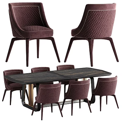 Elegant Modern Dining Table Set With Upholstered Dark Purple Chairs And Wooden Top 3d model