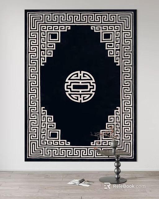 Square Rug with Circular Double Happiness Symbol and Geometric Border Design 3d model