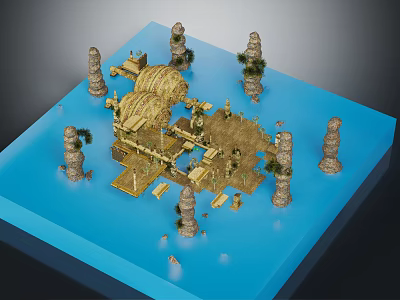 Golden Ancient Temple Model With Decorative Tower Structures On Blue Base 3d model