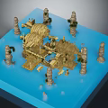 Golden Ancient Temple Model With Decorative Tower Structures On Blue Base 3d model