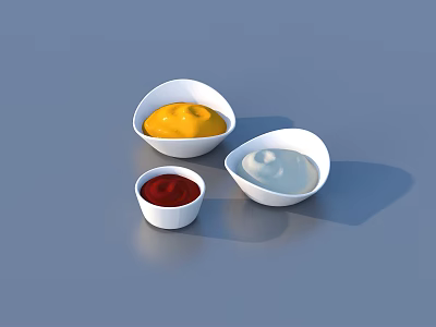 Three White Bowls With Yellow Red And White Condiments On Blue Background 3d model