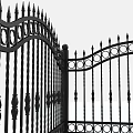 Building Exterior Wall With Wrought Iron Gate Featuring Arched Top And Circular Decorations