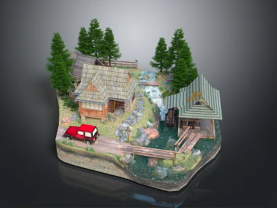 Cartoon Rural Scene with Wooden Cabin Stream Watermill Red Car and Pine Trees 3d model
