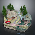Cartoon Rural Scene with Wooden Cabin Stream Watermill Red Car and Pine Trees