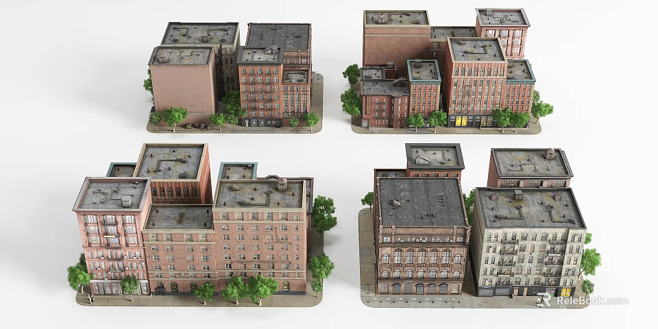 Detailed Architectural Models of Multi Story Urban Buildings With Varied Colors And Trees 3d model 