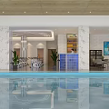 Modern Swimming Pool Area With Exercise Equipment And Wall Posters