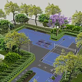 Scenic Park Landscape With Blue Tennis Court Purple Flowering Tree Benches And Greenery