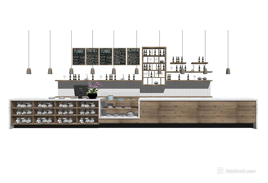 Wooden Reception Counter With Storage Shelves Dishes Blackboard Menus And Hanging Lights In Café 3d model 
