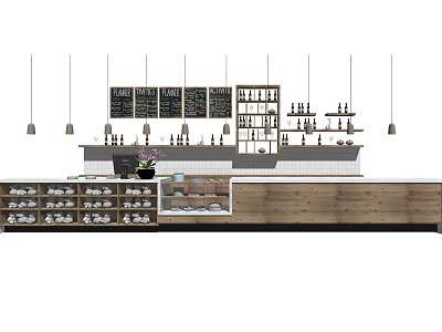 Wooden Reception Counter With Storage Shelves Dishes Blackboard Menus And Hanging Lights In Café 3d model