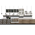 Wooden Reception Counter With Storage Shelves Dishes Blackboard Menus And Hanging Lights In Café