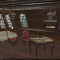 Water Vessel Interior With Wooden Walls Arched Stained Glass Windows Sofa Red Chair And Map