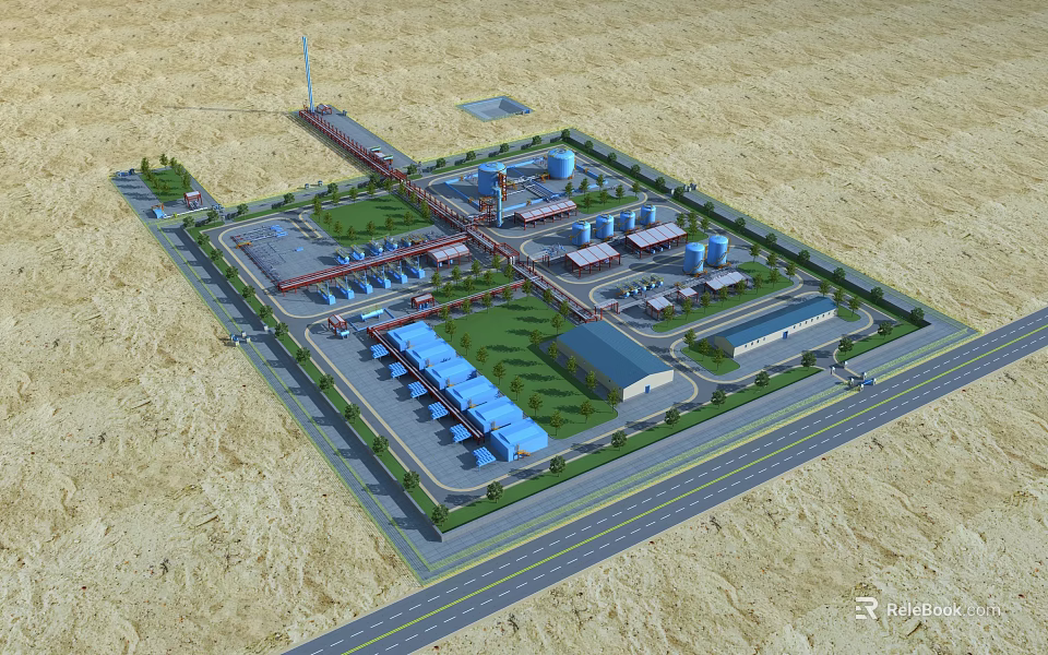Aerial View Plan of Industrial Complex With Multiple Buildings Roads Green Areas and Storage Facilities 3d model 