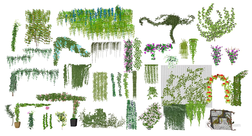 Various Climbing Hanging Vines With Green Leaves And Colorful Flowers For Garden Decor 3d model 