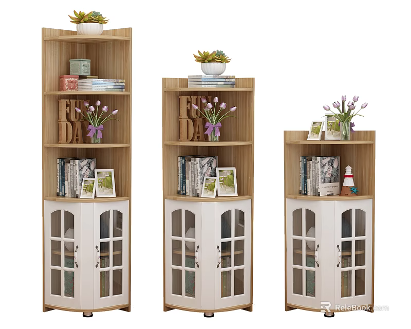 Wooden Corner Cabinets With Potted Plants Books Photo Frames And Decorative Items 3d model 