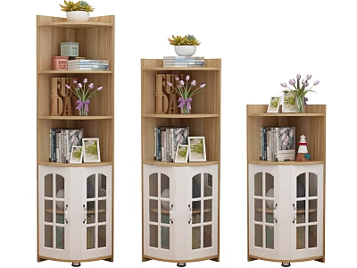 Wooden Corner Cabinets With Potted Plants Books Photo Frames And Decorative Items 3d model