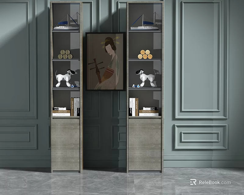 Modern Elegant Shoe Cabinet Design With Open Shelves And Decorative Elements 3d model 