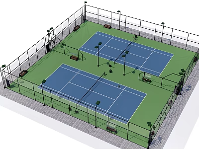 Outdoor Tennis Court Facility Featuring Two Courts Fencing Lights And Benches 3d model