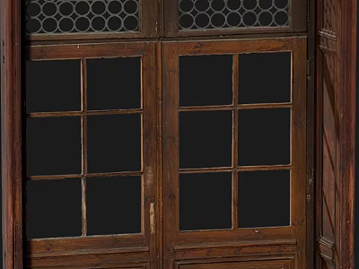 Vintage Wooden Double Doors With Glass Panels And Ornate Top Design 3d model